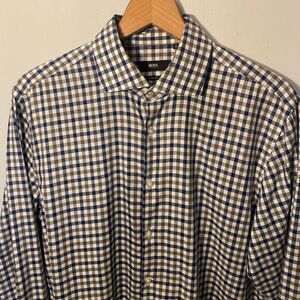 Hugo Boss Sharp Fit Mens Dress Shirt Size 17 34/35 Plaid Long Sleeve EUC Large